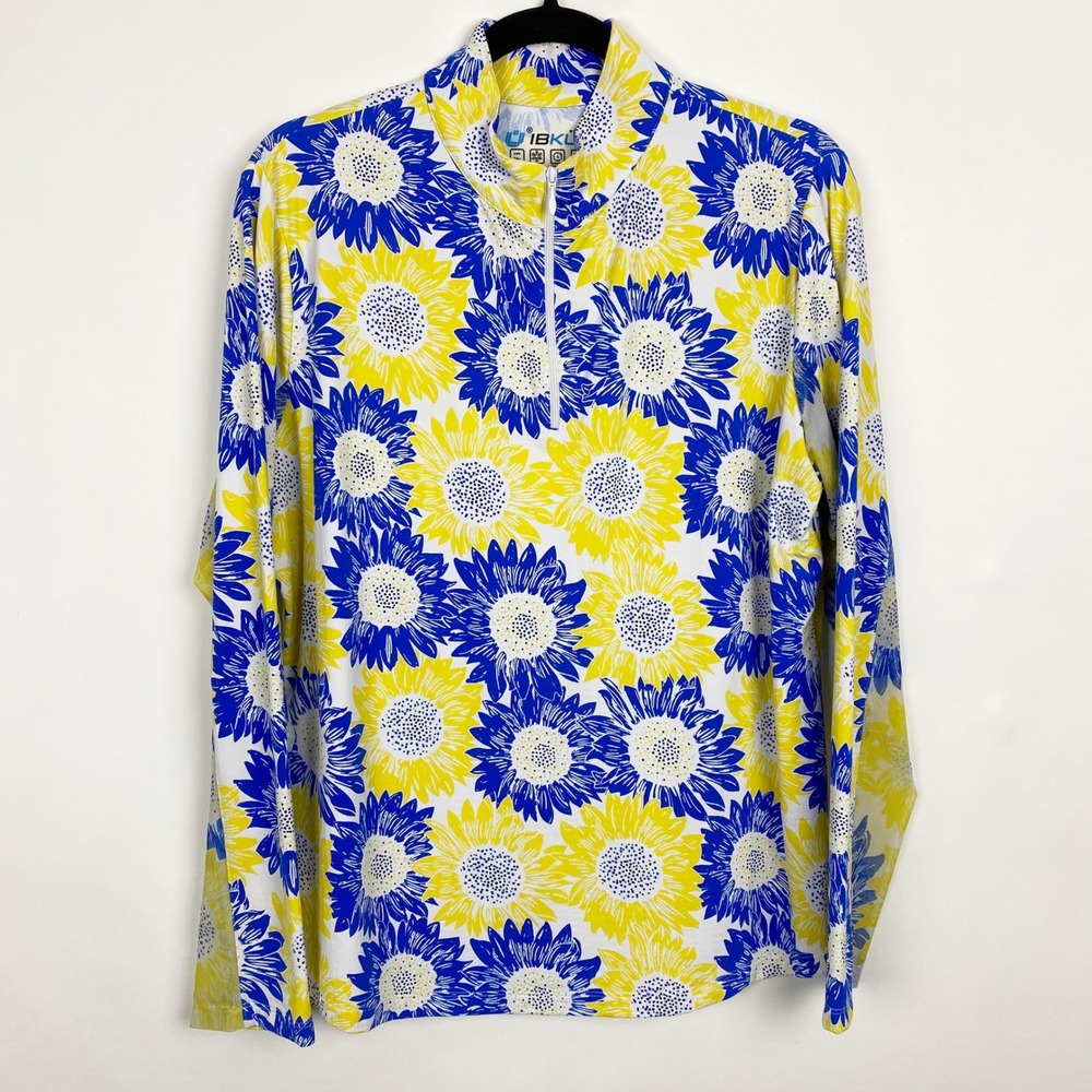 IBKUL Sunflower Floral IceFil UPF 50+ Quarter Zip Top Women XL Yellow Blue